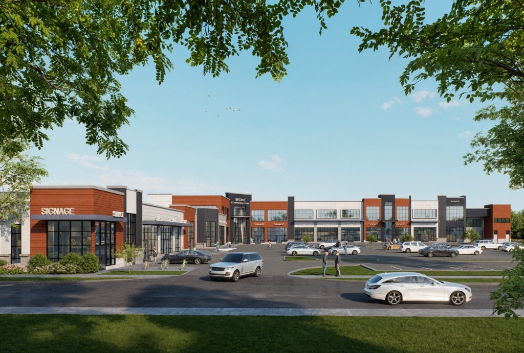 Bronte Commercial Centre, full-bleed view of the plaza, building frontage, walk, and open lawn at the development